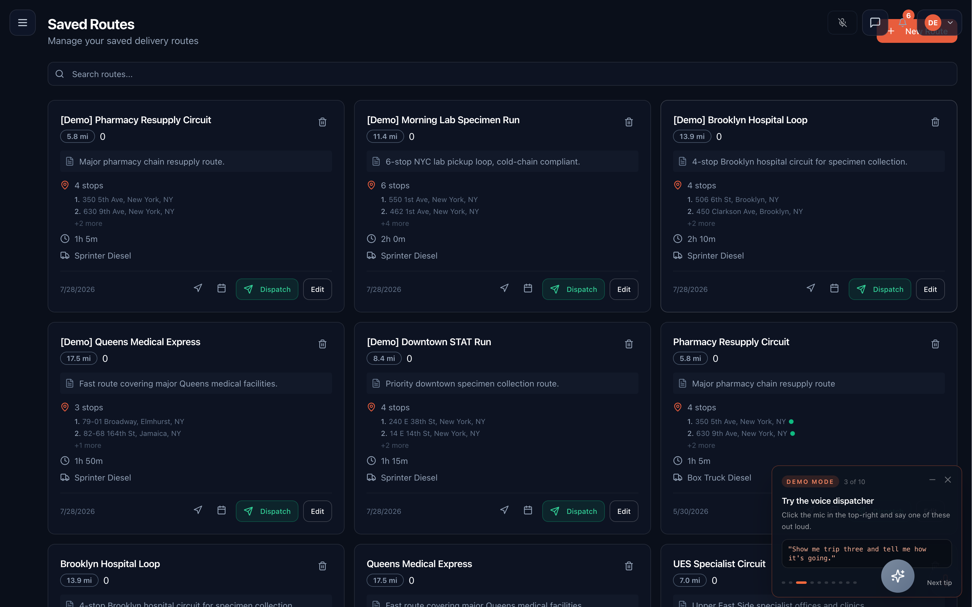 BoxTruckSprinter saved delivery routes with stops, duration, and vehicle assignments