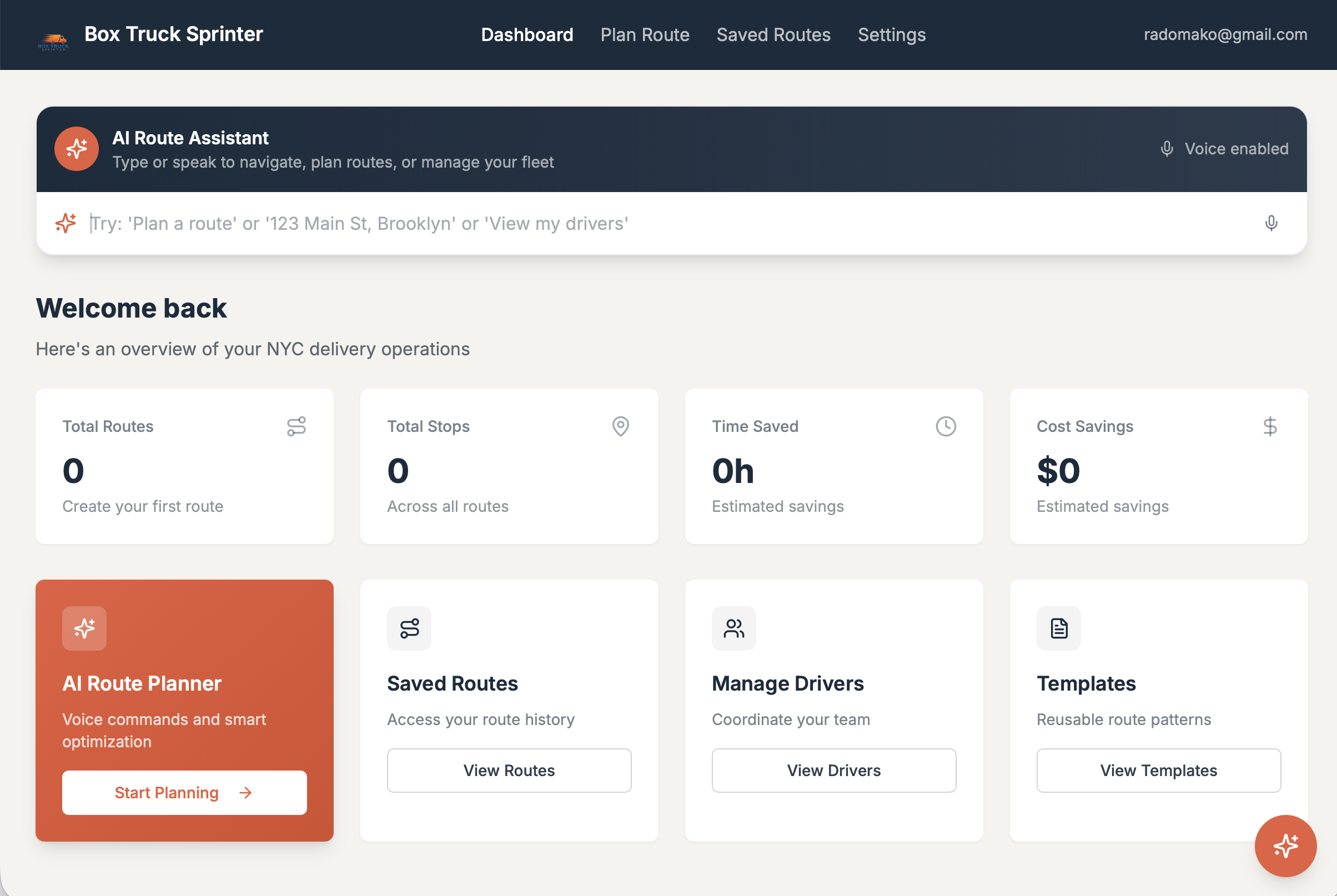 BoxTruckSprinter dashboard with AI Route Assistant, voice commands, and fleet management tools