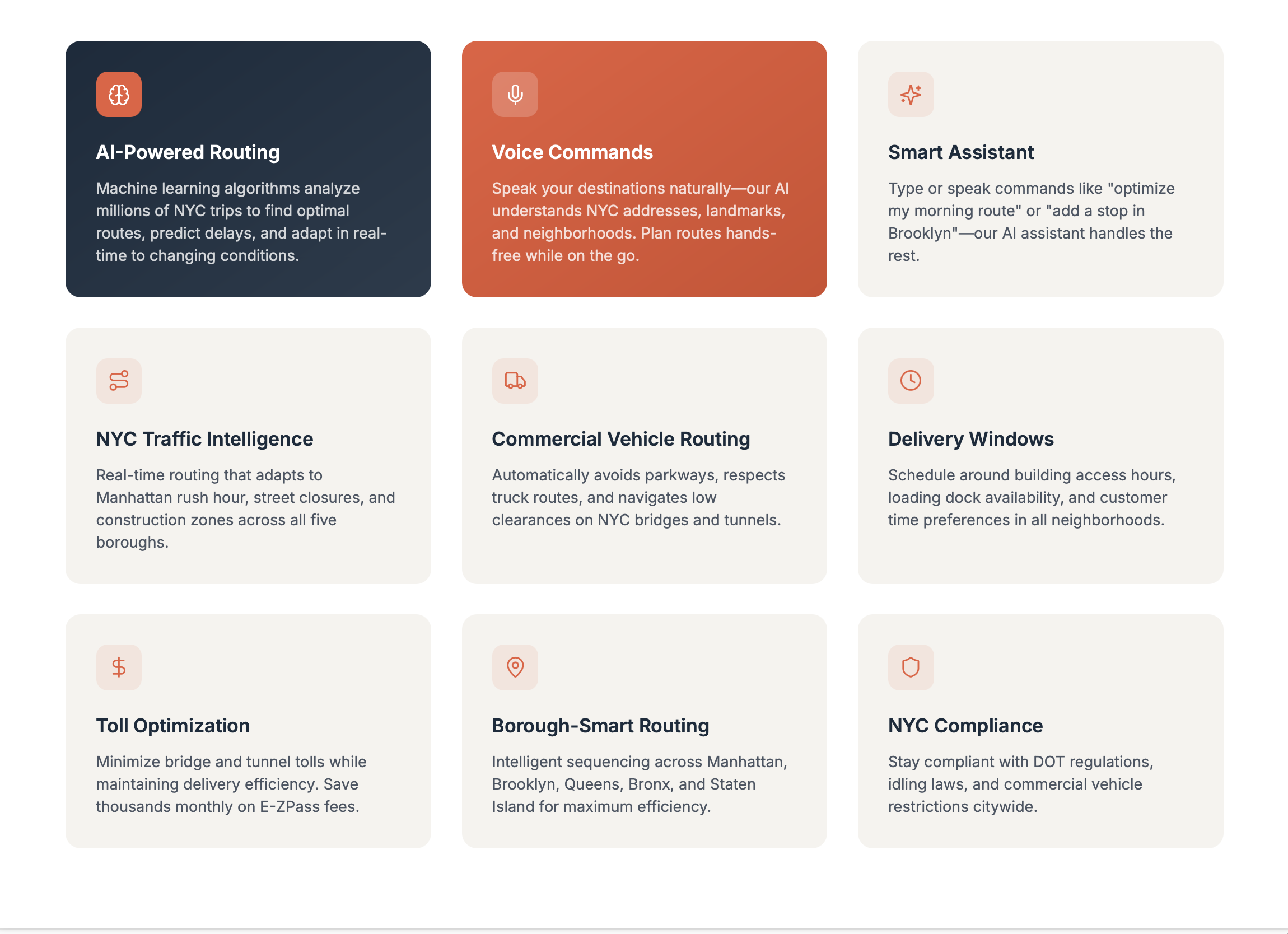 BoxTruckSprinter features grid showing AI routing, voice commands, traffic intelligence, and compliance tools