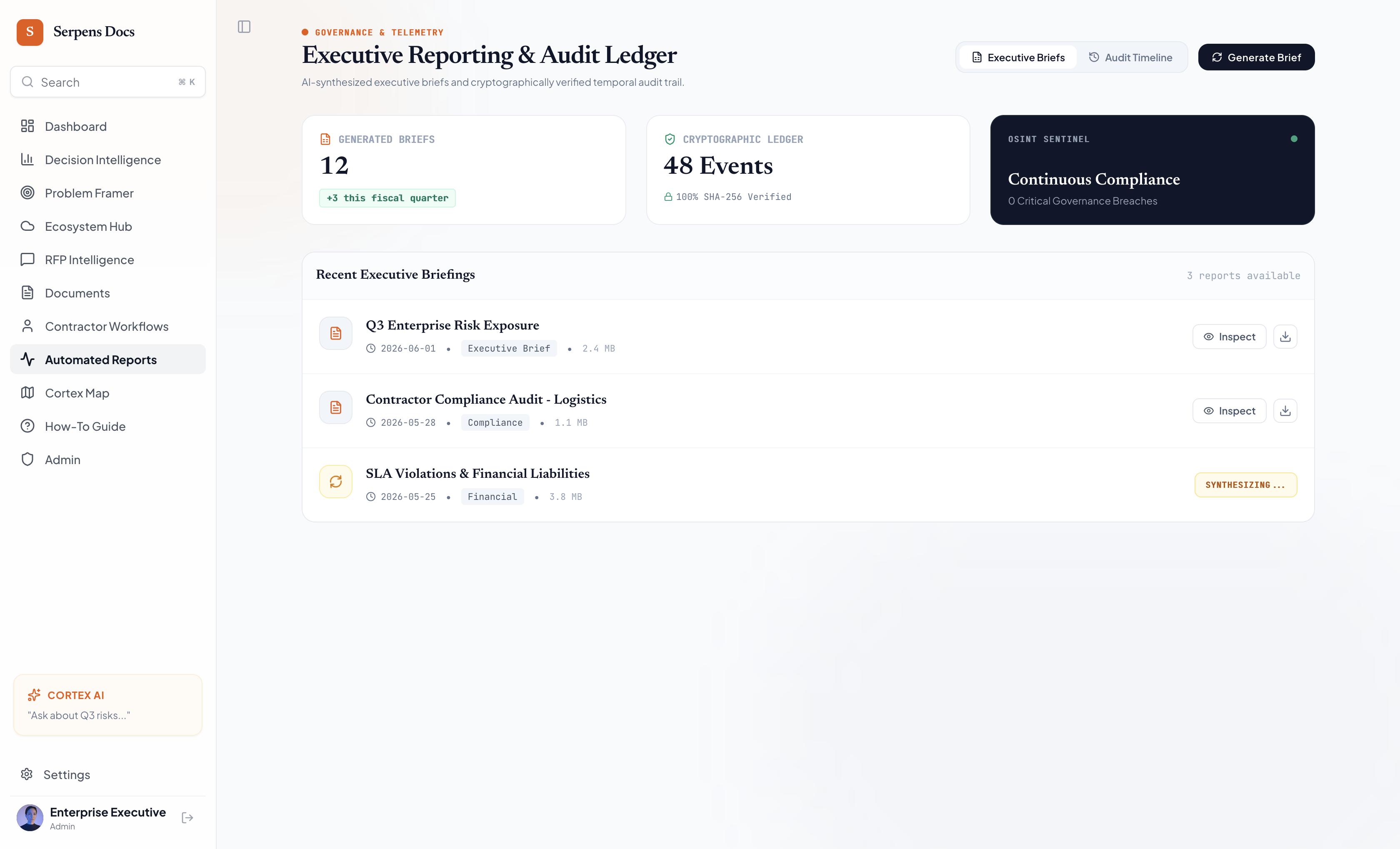 Docs Orange executive reporting and cryptographic audit ledger