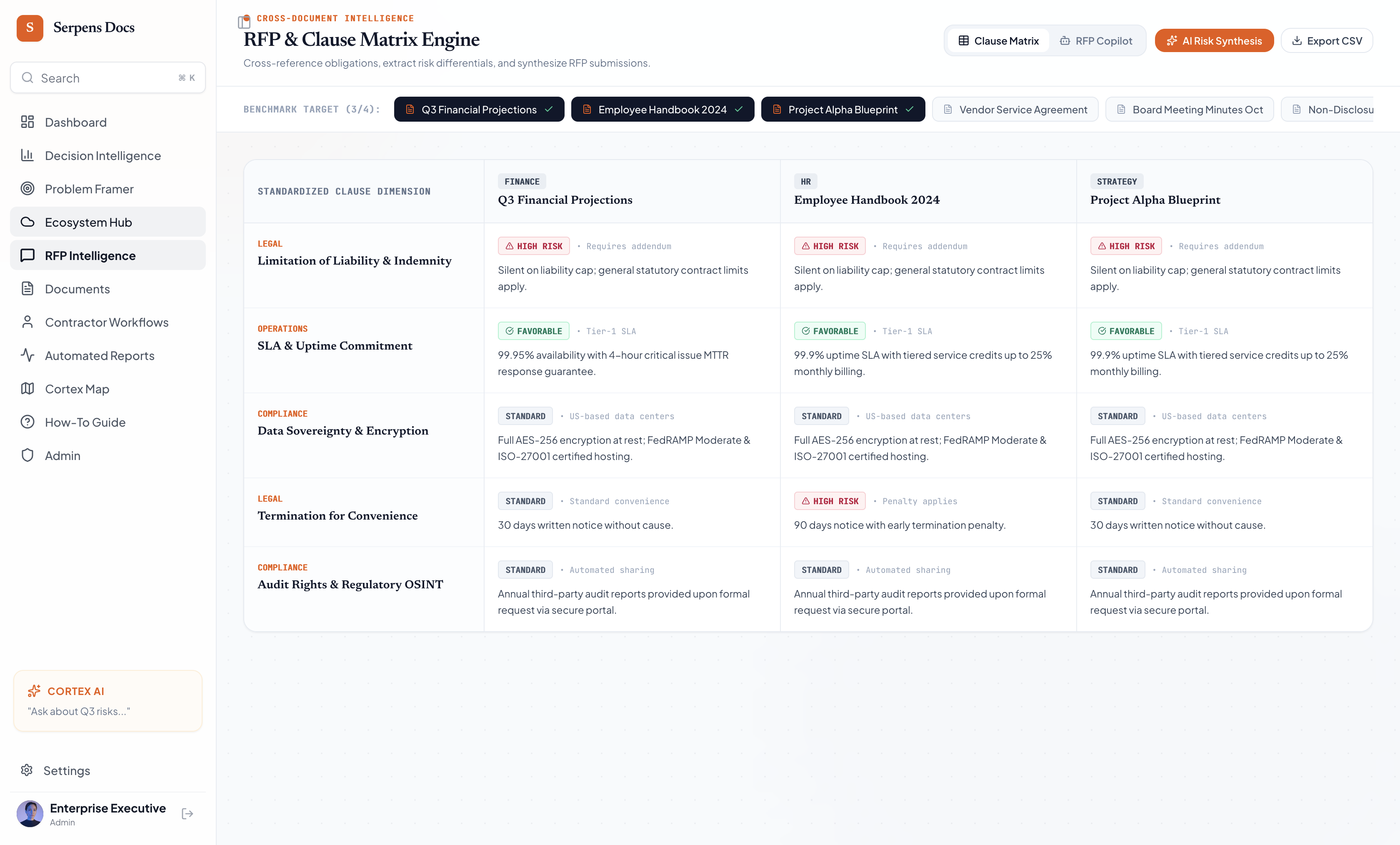 Docs Orange RFP and clause matrix engine with cross-document risk differentials