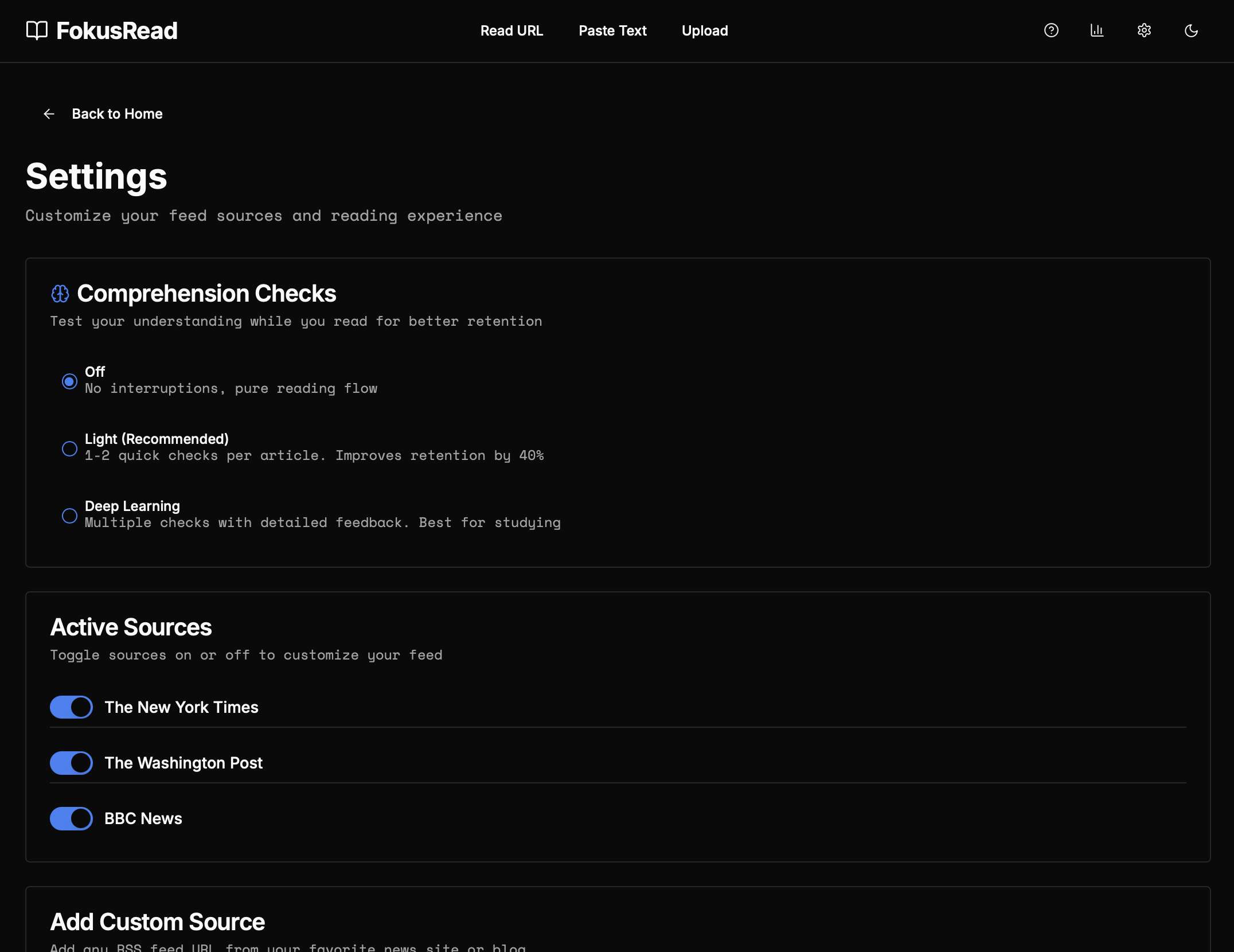 Settings and sources configuration