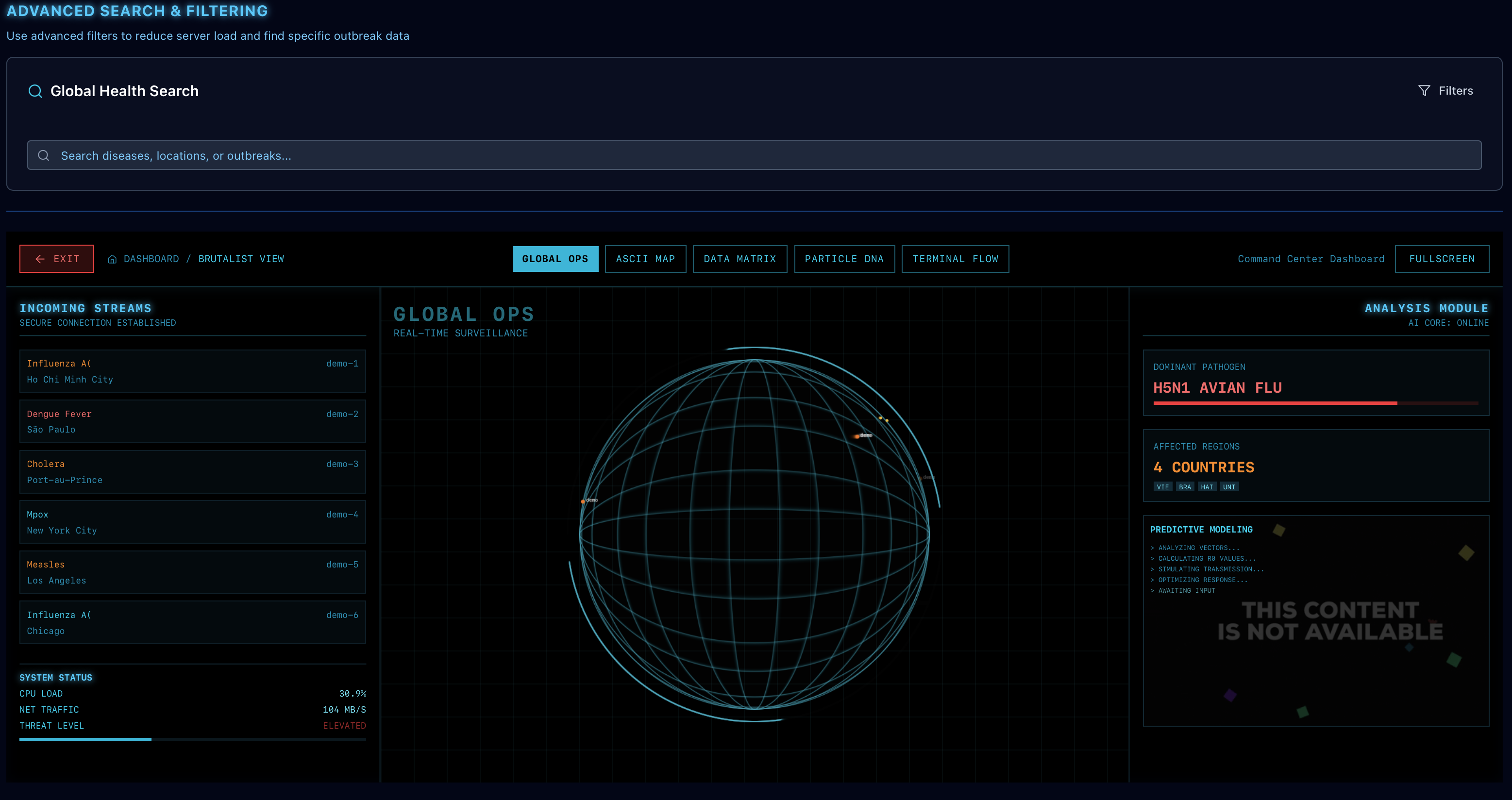 Brutalist View with 3D globe and command center interface