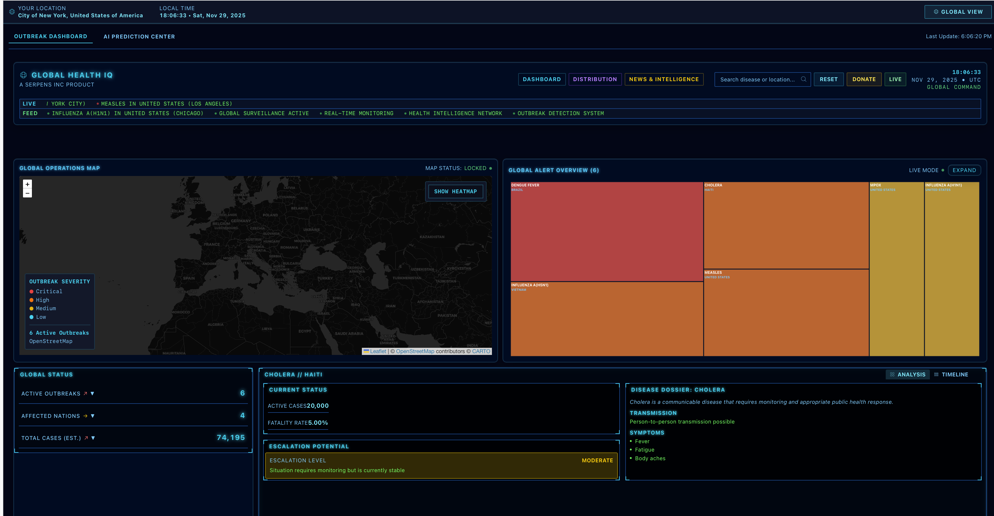 Global Health IQ main dashboard with outbreak map and alert overview