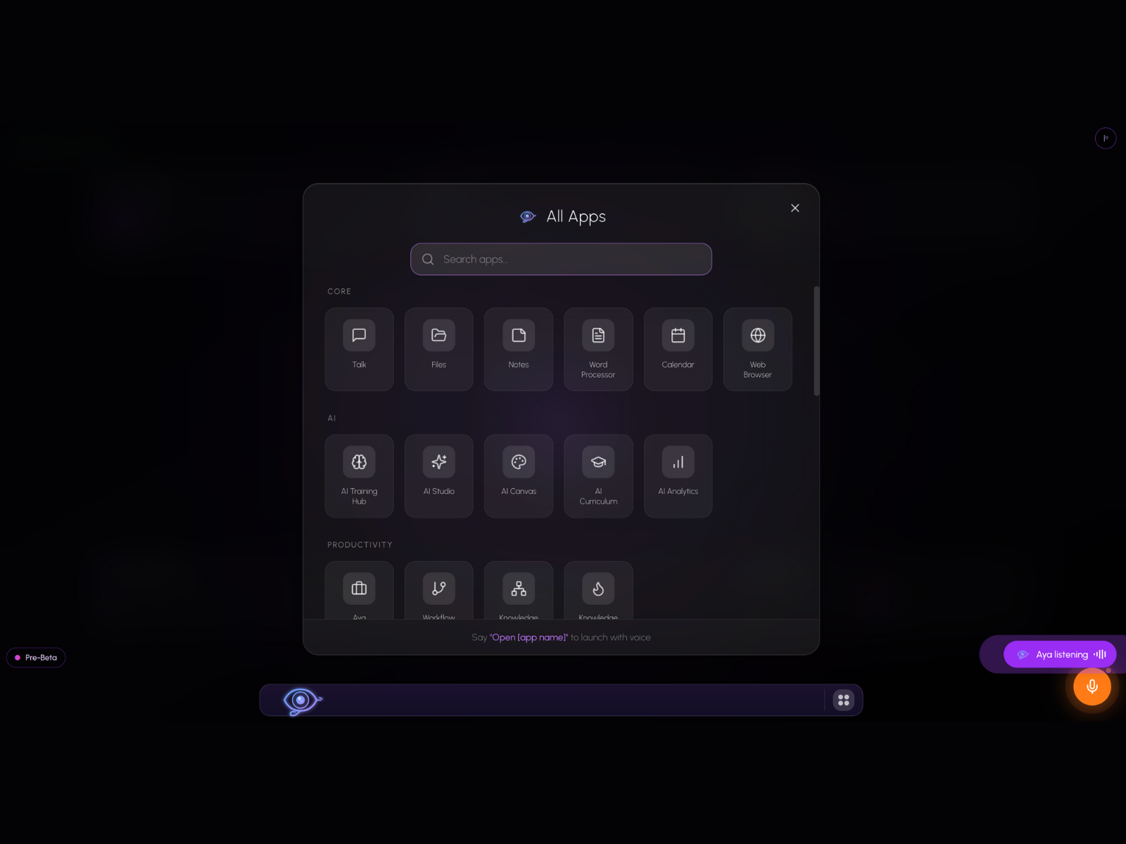 Open Aya all-apps launcher with core, AI, and productivity applications