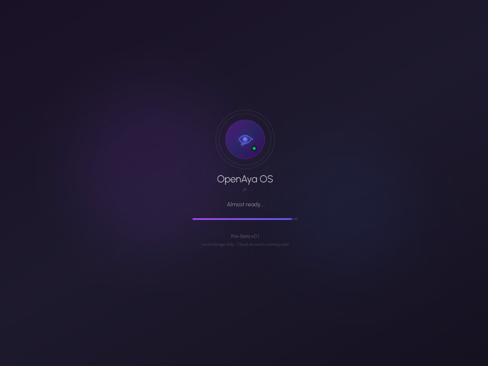 Open Aya OS boot screen noting Pre-Beta v0.1 and local-storage-only operation