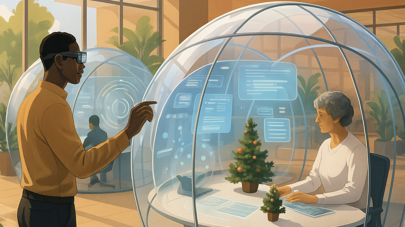 The Future Work Space concept art - ambient computing pods with holographic displays
