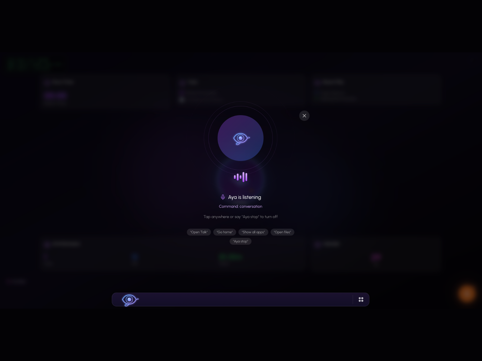 Open Aya voice command overlay listening for conversational input