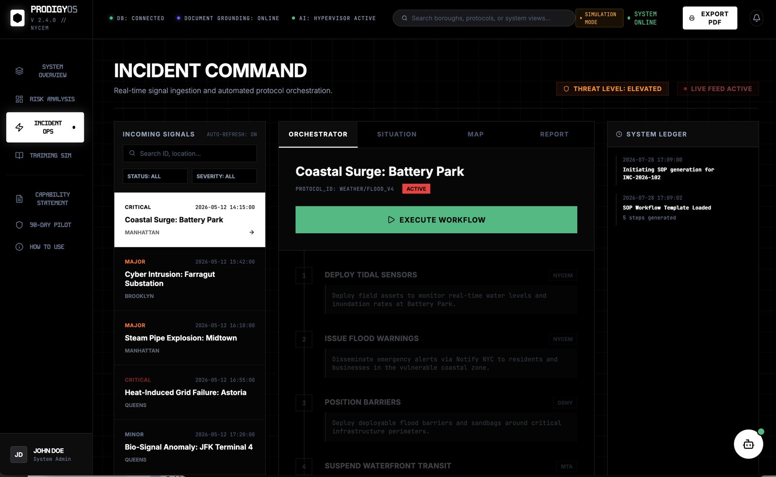 PRODIGY OS incident command running in simulation mode with orchestrated response workflows