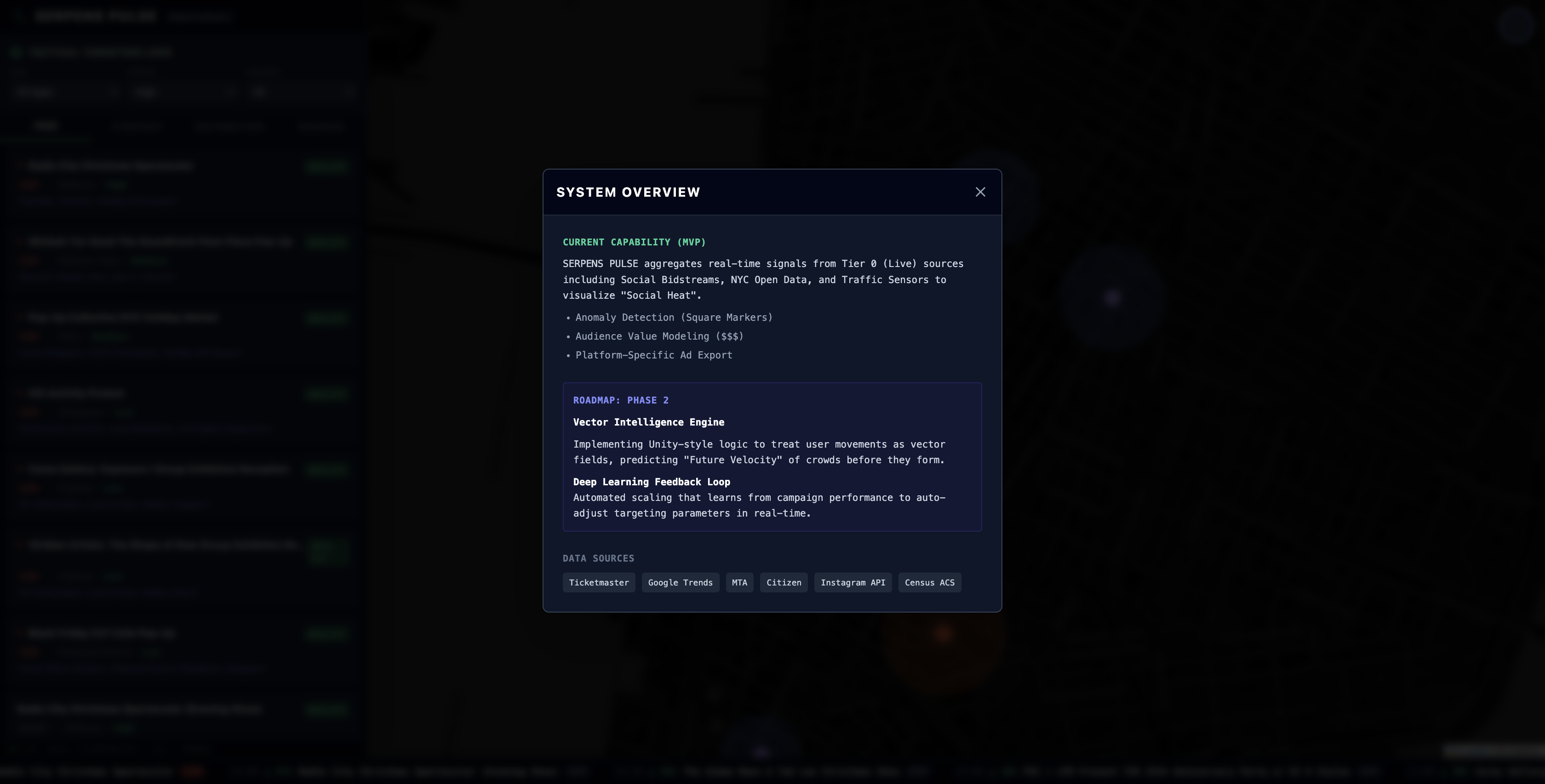 SerpensPulse system overview modal showing MVP capabilities and Phase 2 roadmap