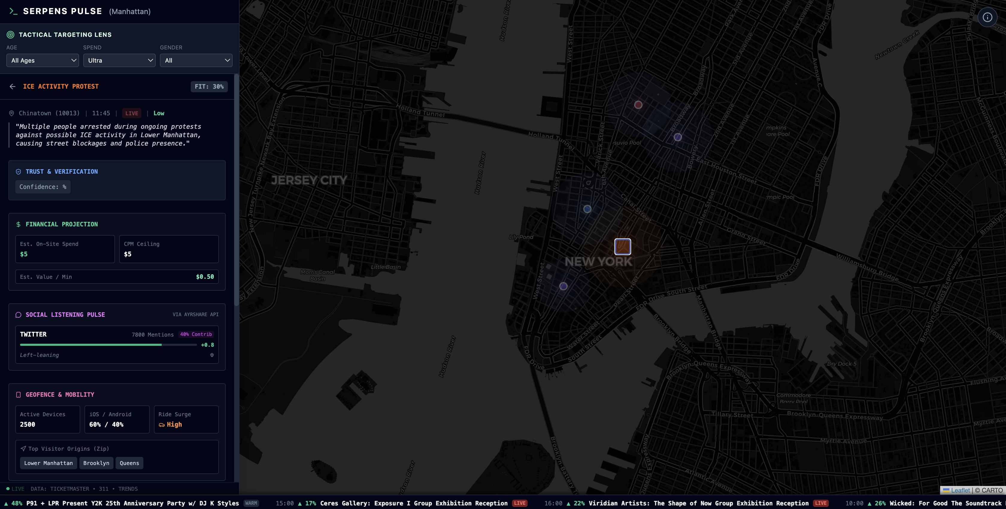 SerpensPulse tactical targeting lens with social listening and geofence data