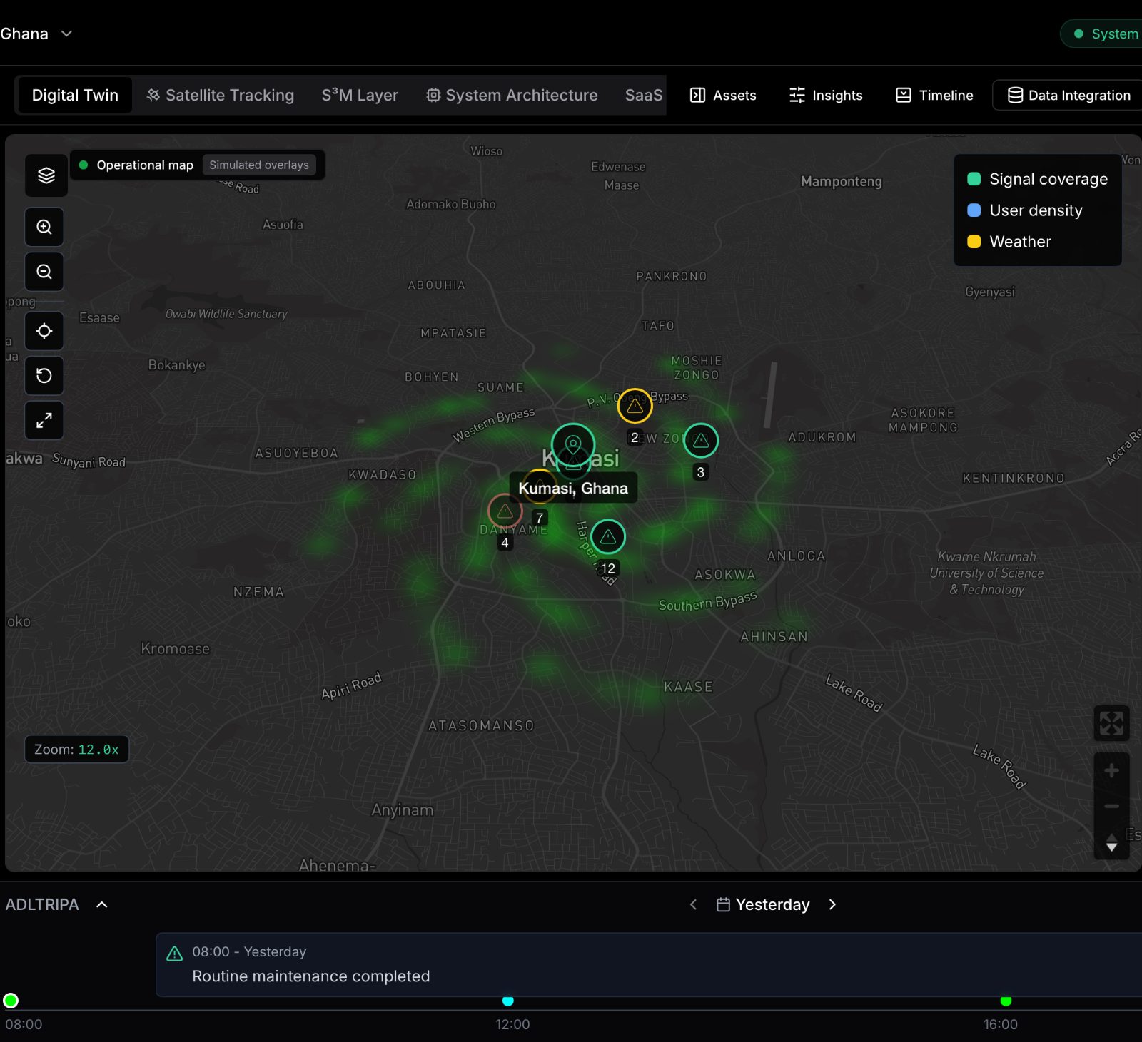 SerpenOps operational map with simulated overlays visibly identified
