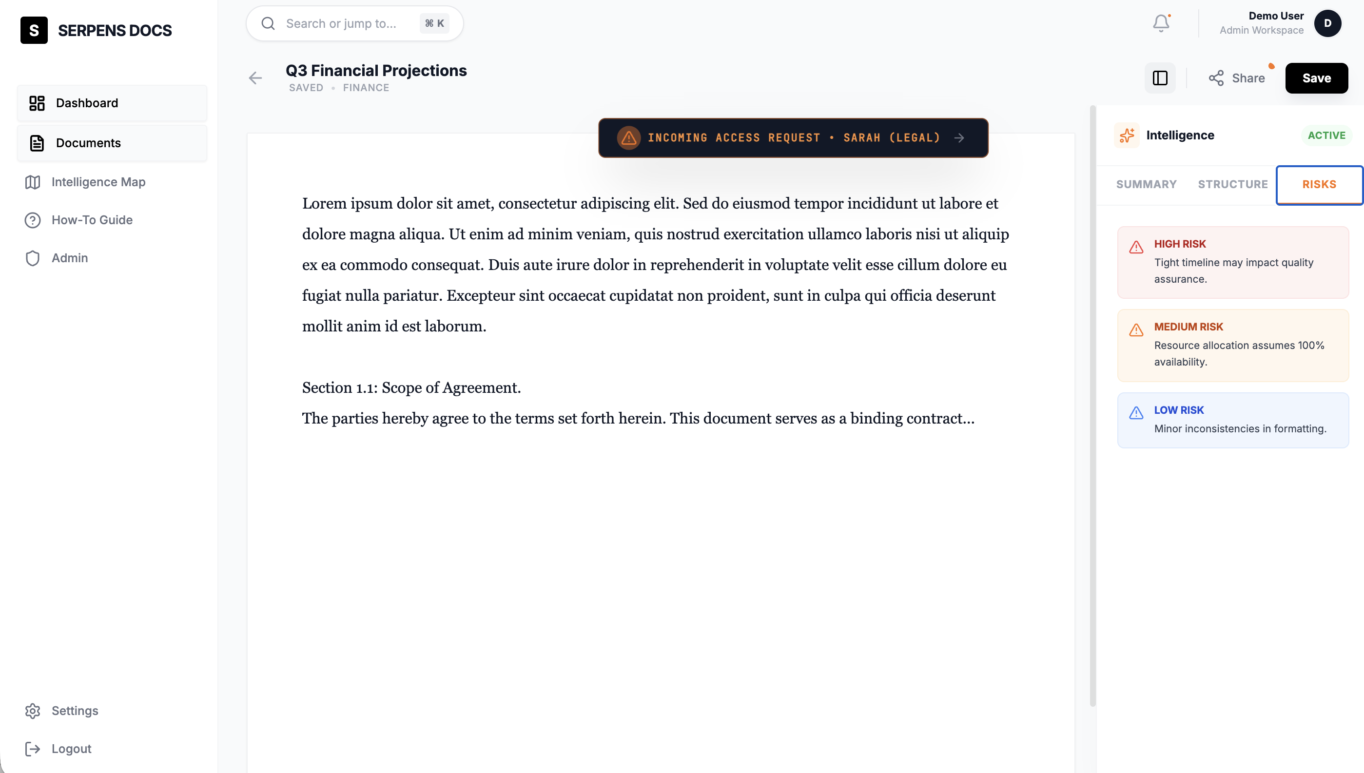 Document viewer with Risk assessment showing High, Medium, and Low risks