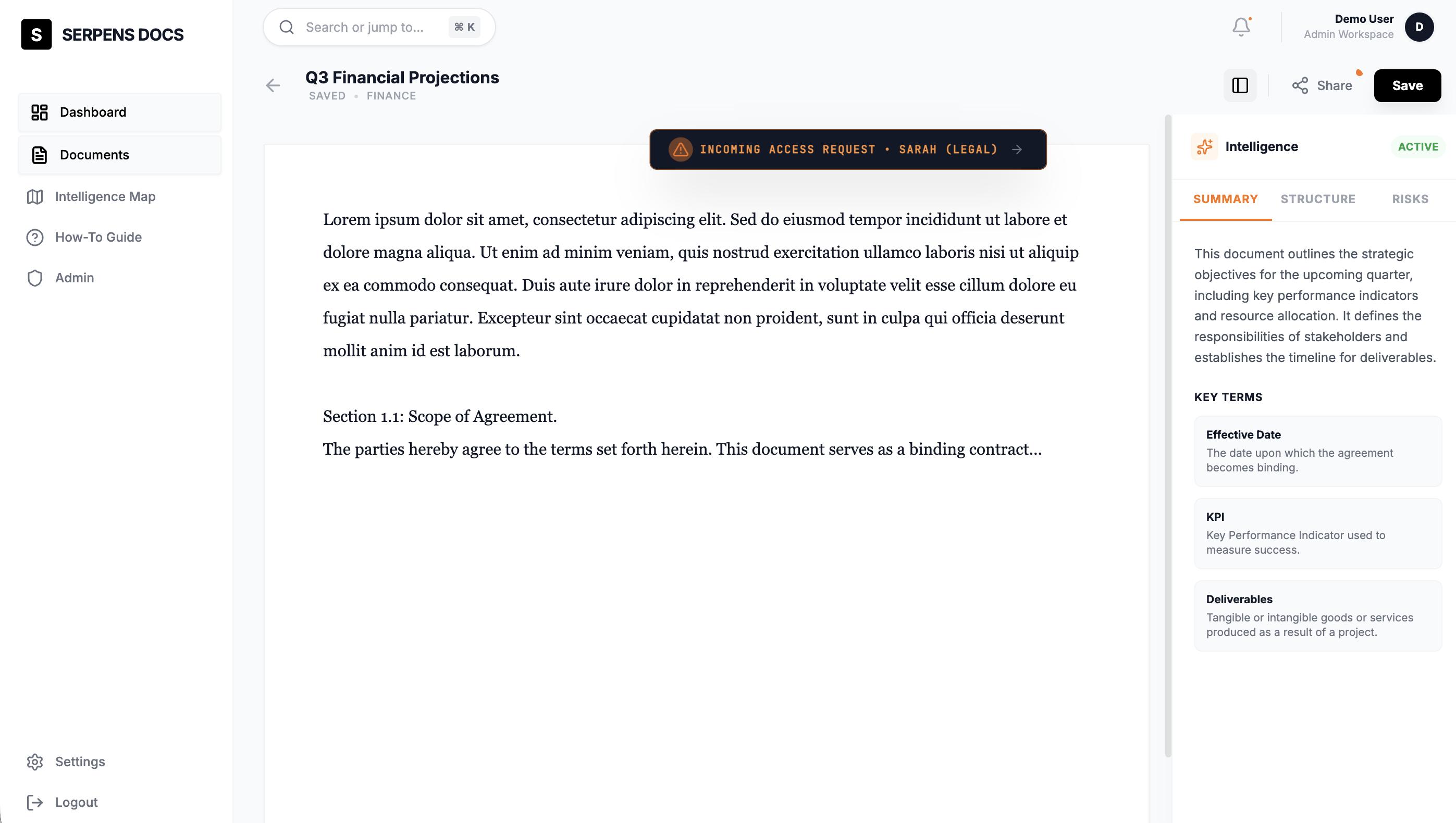 Document viewer with AI-powered Intelligence panel showing summary and key terms