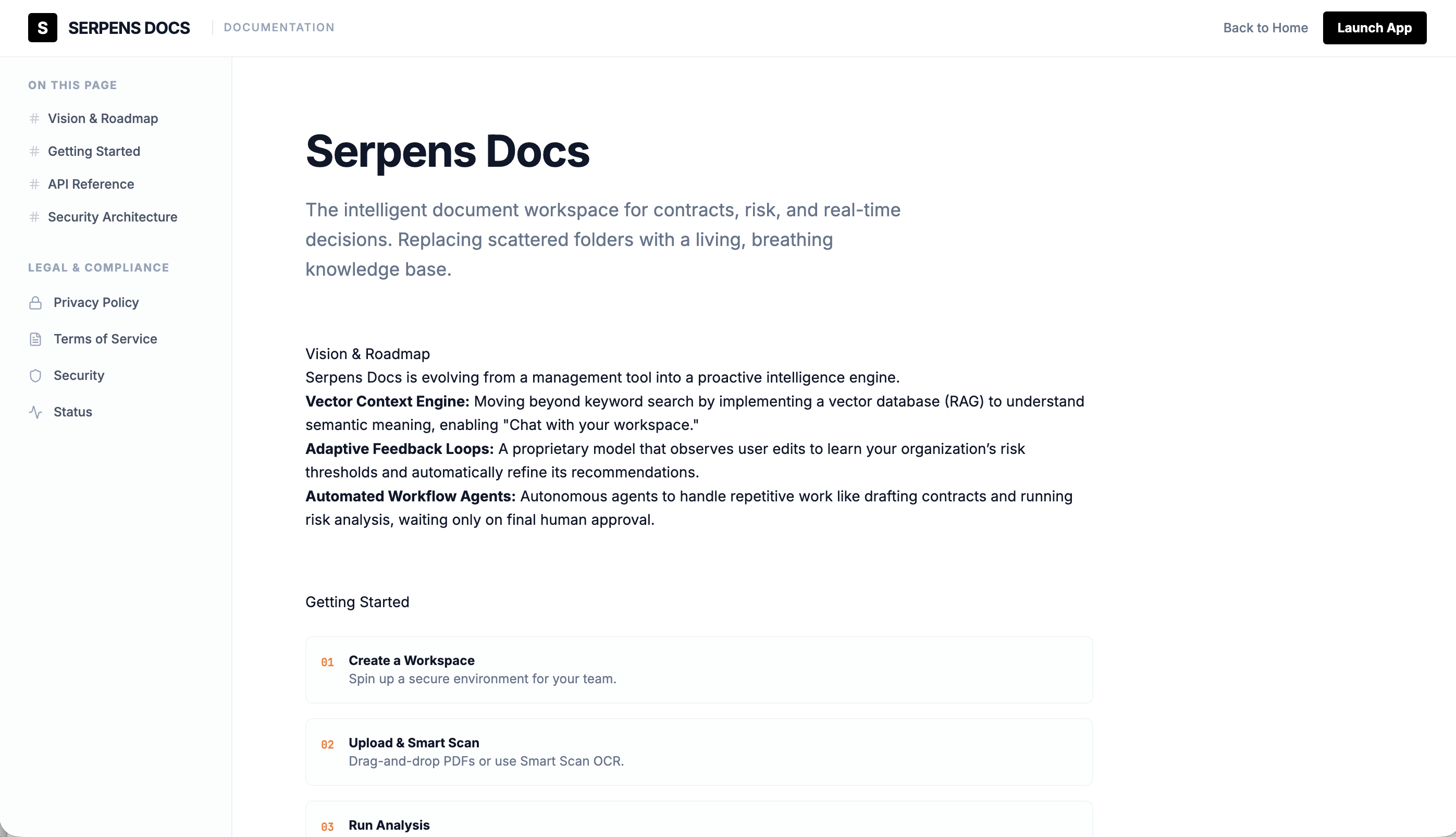 Documentation page with Vision & Roadmap and Getting Started guide
