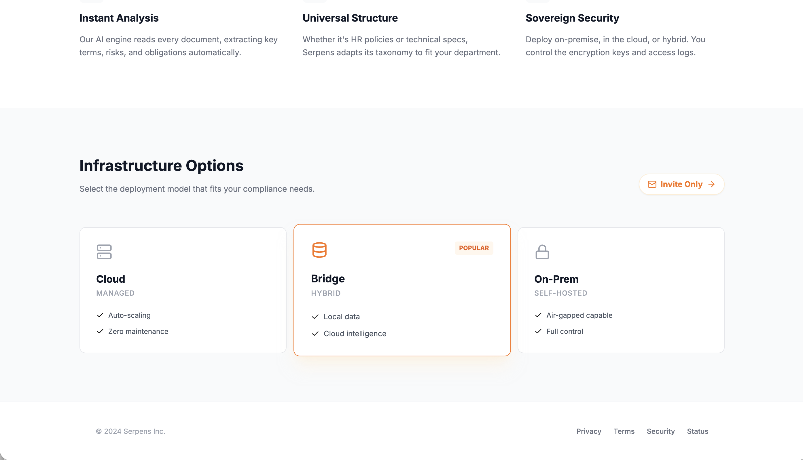 Infrastructure Options - Cloud, Bridge, and On-Prem deployment models