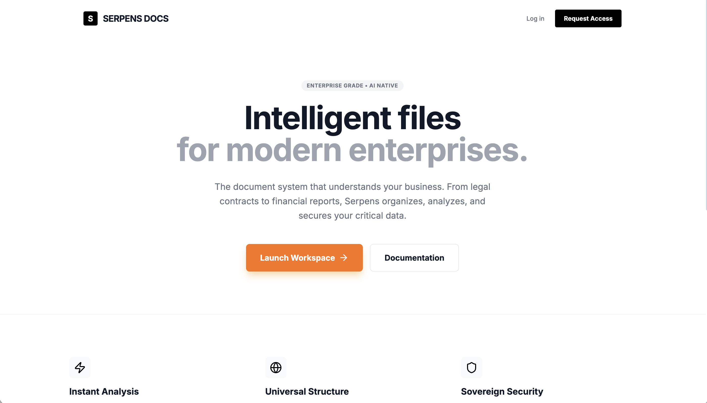 SerpensDocs Landing Page - Intelligent files for modern enterprises