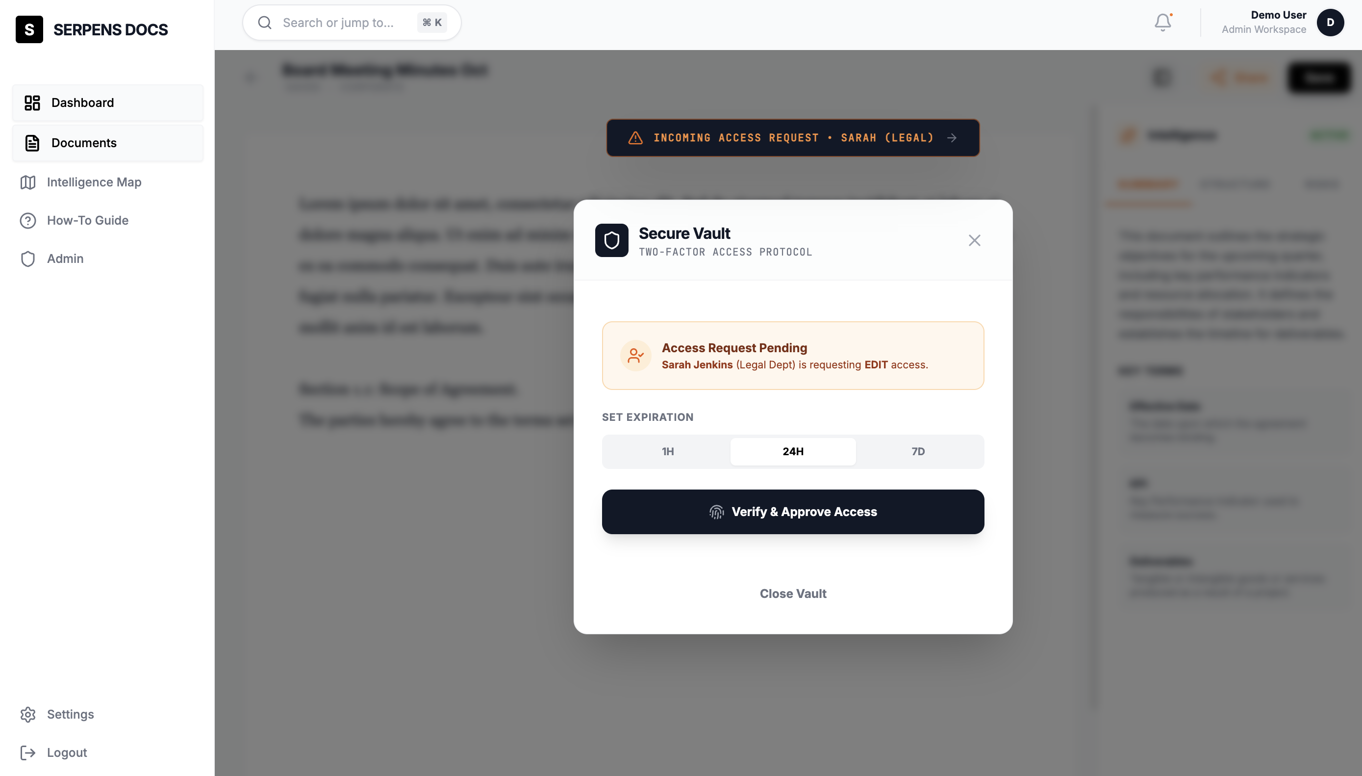 Secure Vault modal showing two-factor access protocol